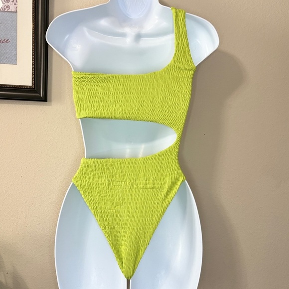Naked Wardrobe Lime One Shoulder Cutout One Piece Bathing Suit Swimsuit Size S - Picture 2 of 8